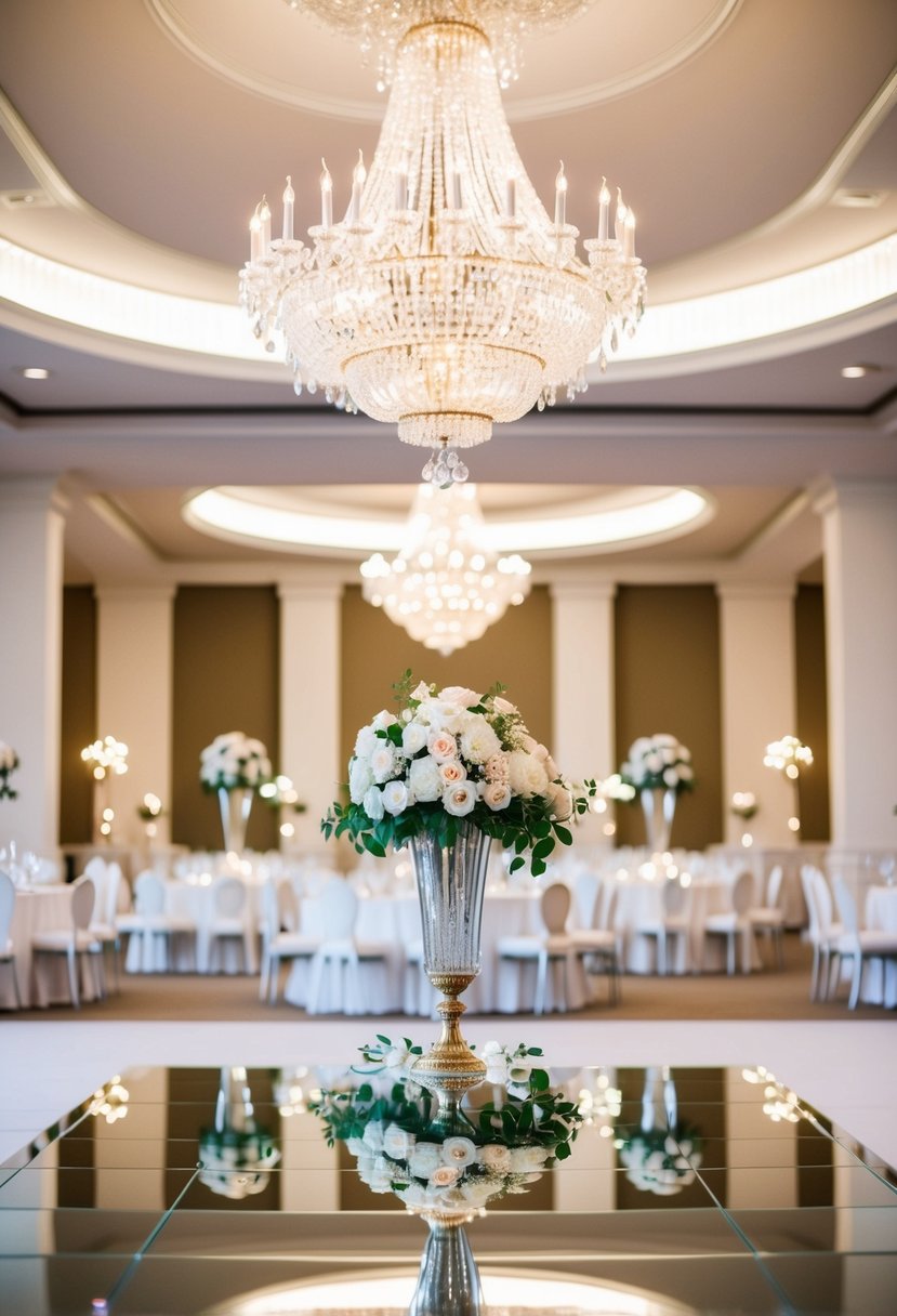 A grand ballroom with a sparkling chandelier, a mirrored dance floor, and elegant floral arrangements