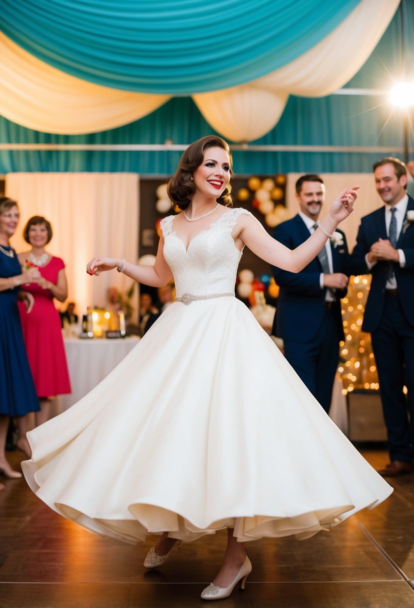 A bride in a 1960s-style wedding dress dancing at a retro reception with vintage decor and music