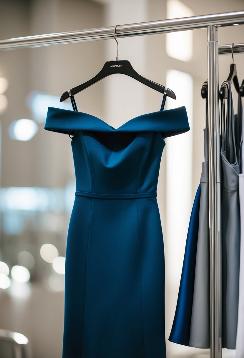 An elegant off-shoulder sheath dress hanging on a sleek, modern clothing rack