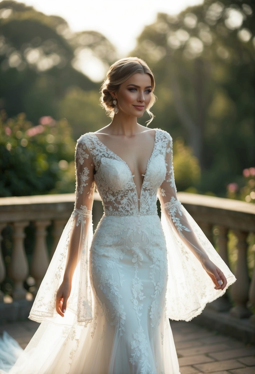 A flowing, ethereal lace wedding dress with bell sleeves and a deep V-neck, adorned with delicate floral appliques and intricate beading