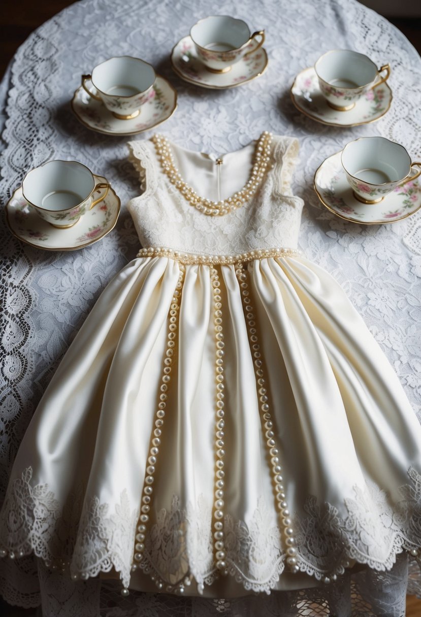 A tea length dress with lace and pearl details, surrounded by vintage teacups and saucers on a lace tablecloth