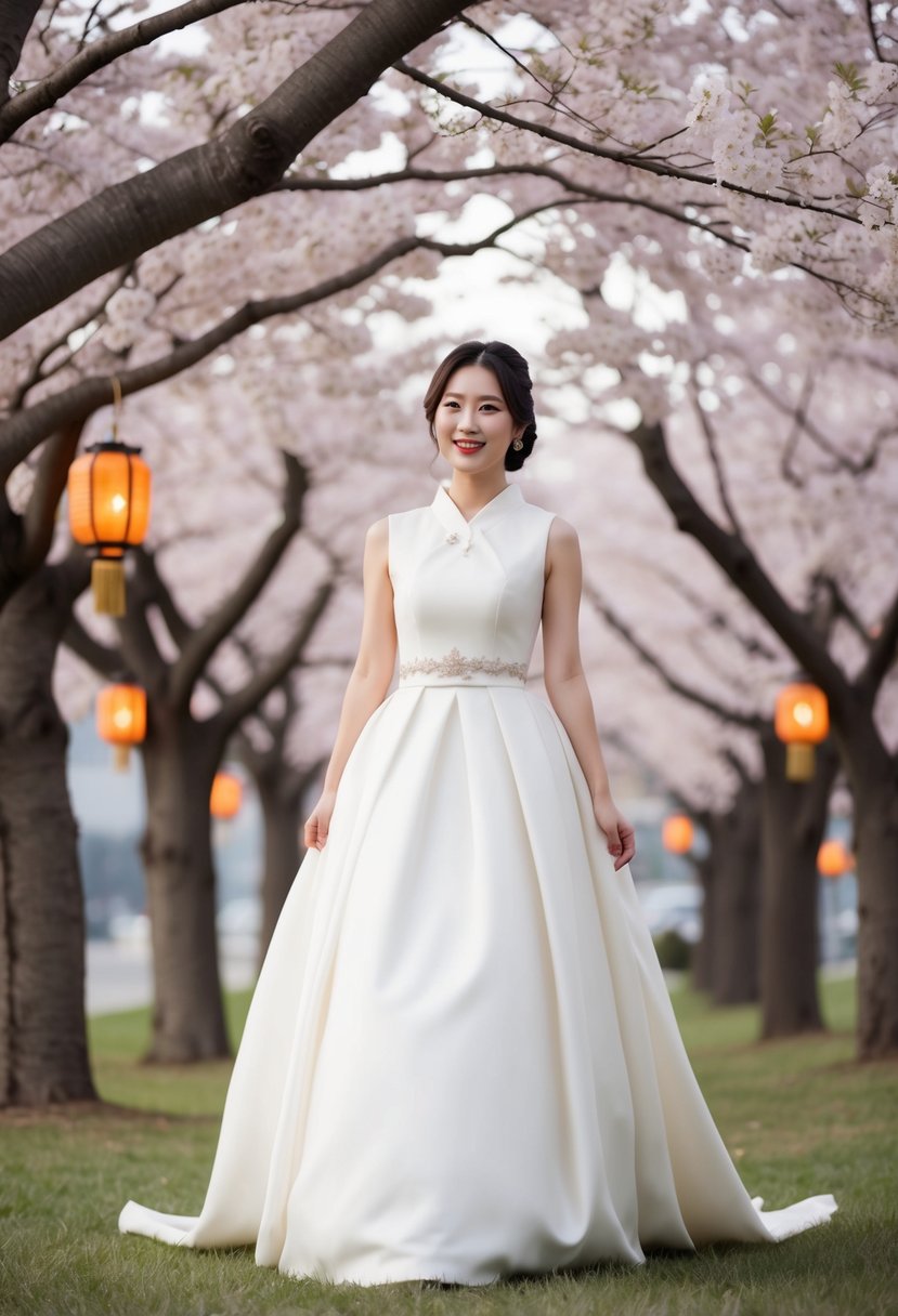 A bride in a simple, elegant Korean wedding dress, surrounded by cherry blossom trees and traditional lanterns