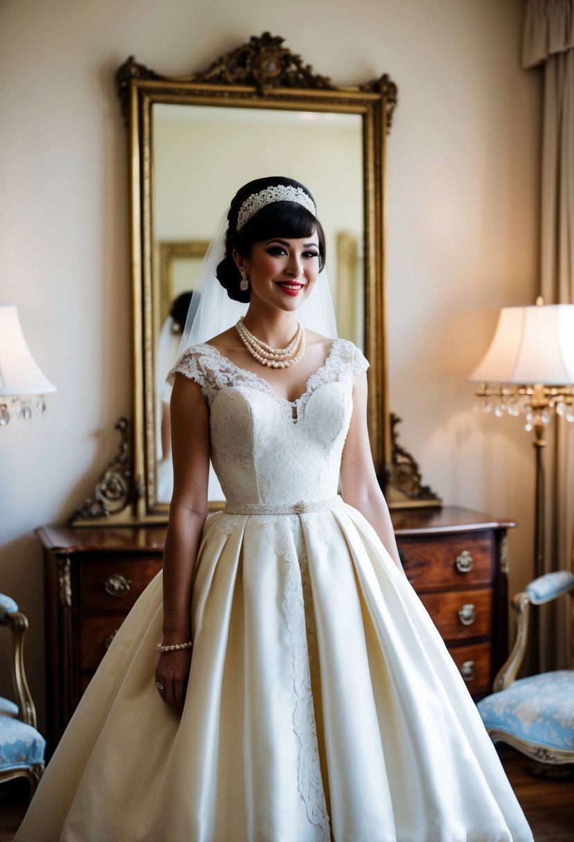 A bride in a 1960s style gown, adorned with lace, pearls, and a full skirt, stands in front of a vintage mirror, surrounded by antique furniture and soft lighting