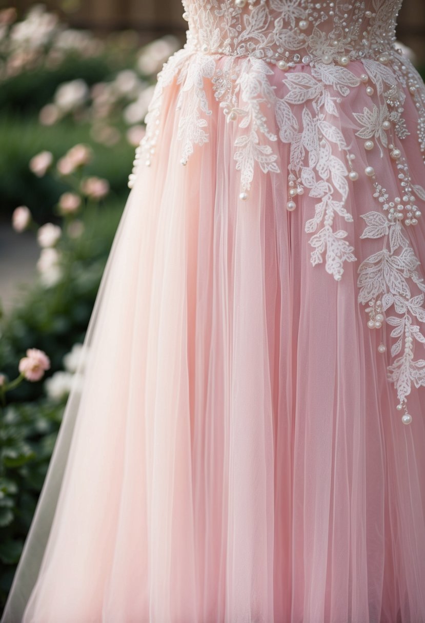 A soft pink tulle skirt cascades down, adorned with delicate lace and shimmering beads, creating a romantic and elegant wedding dress