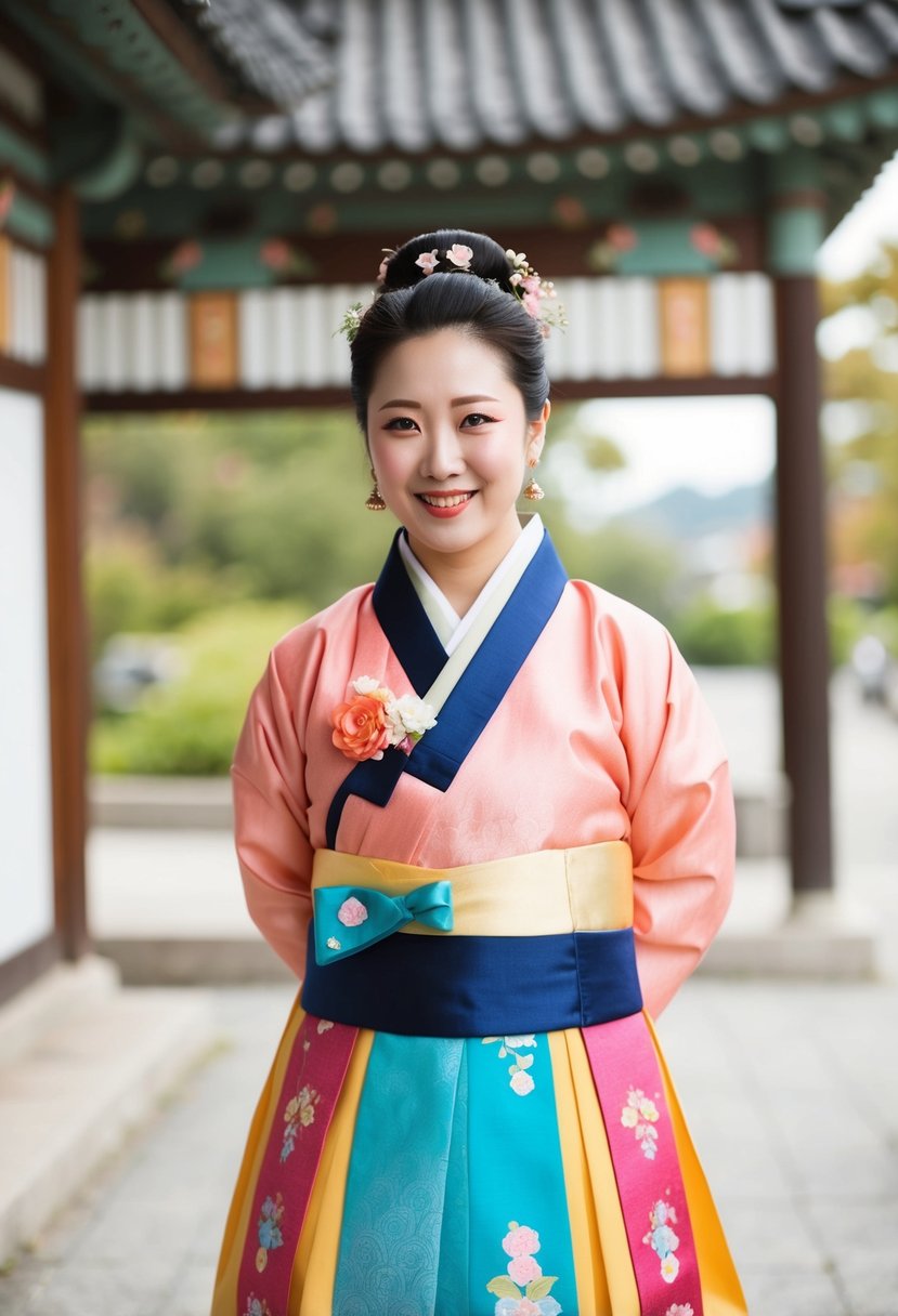 A traditional Korean hanbok in dual tones with cute and simple design, perfect for a wedding