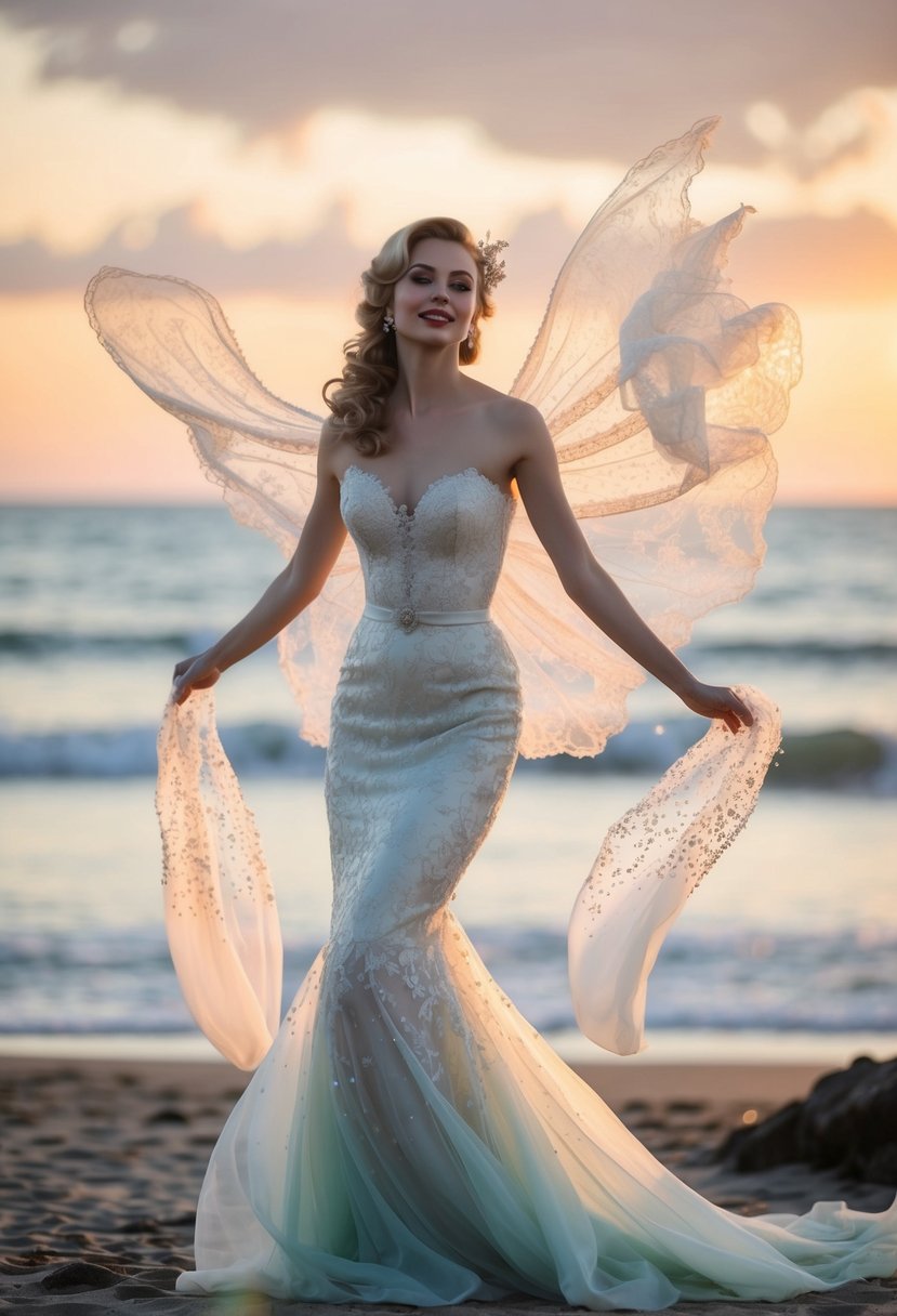 An ethereal mermaid in a 1960s-style wedding dress, surrounded by delicate lace, flowing chiffon, and shimmering sequins, standing on a beach at sunset