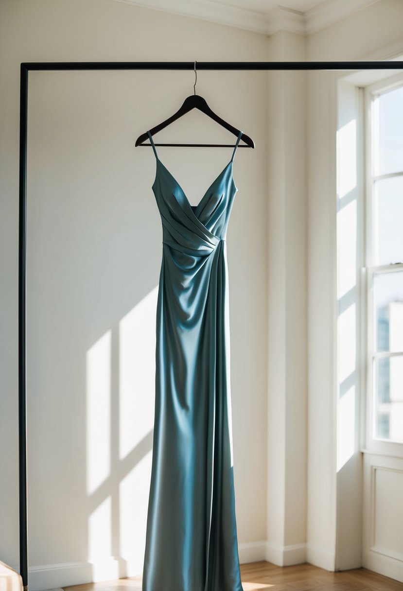 A sleek, floor-length silk gown draped over a minimalist hanger, casting a soft, elegant silhouette in a sunlit room