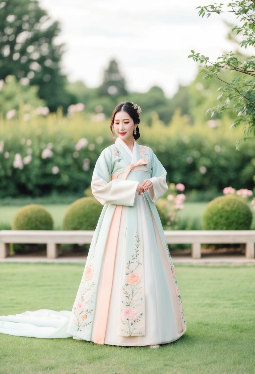 A boho-chic Hanbok wedding dress with modern elements, featuring soft pastel colors and delicate floral embroidery, set against a serene garden backdrop