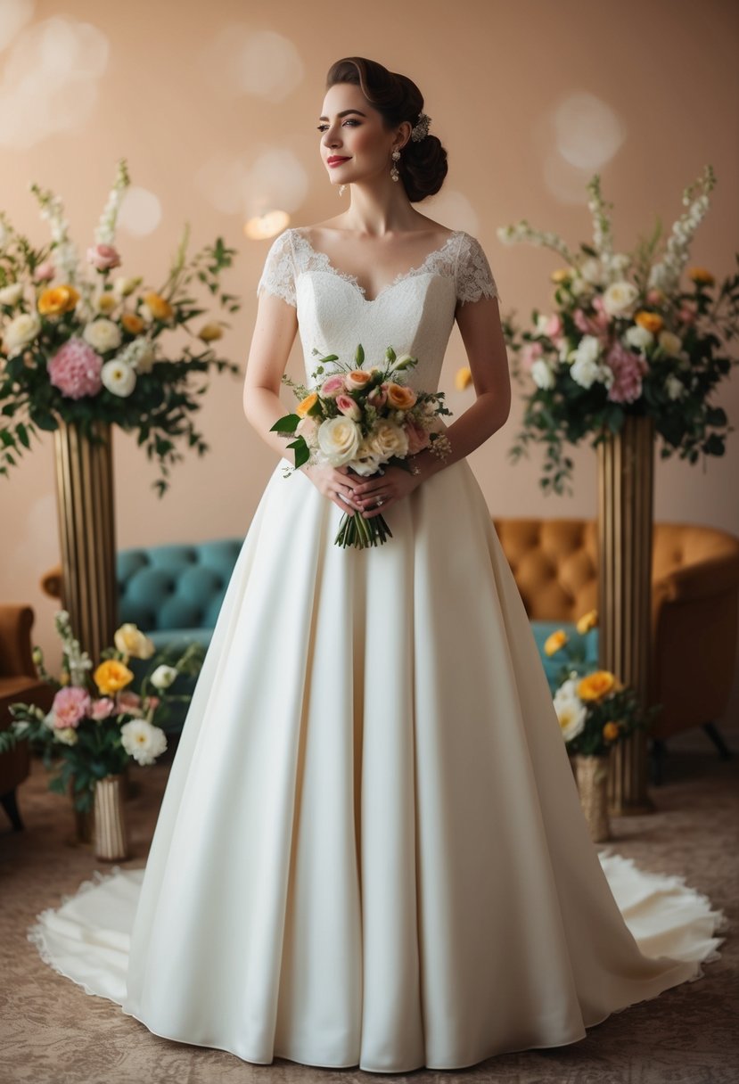 A bride standing in a vintage-inspired A-line wedding dress, surrounded by retro decor and flowers