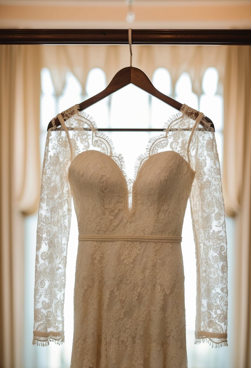 An elegant long-sleeve lace dress hanging on a vintage wooden hanger