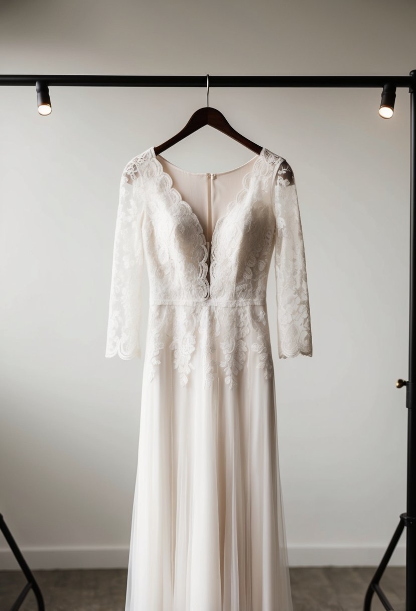 A delicate lace sleeve wedding dress on a hanger, with soft lighting and a minimalist backdrop