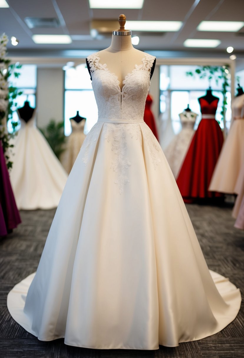 A mannequin wearing a classic fit-and-flare wedding dress, with lace details and a full skirt, displayed in a well-lit bridal boutique