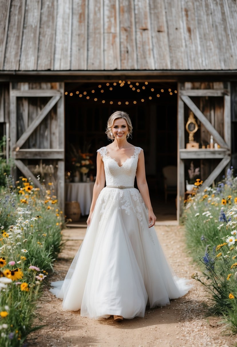 A bride in a 1960s style wedding dress walks through a rustic country barn adorned with wildflowers and vintage decor