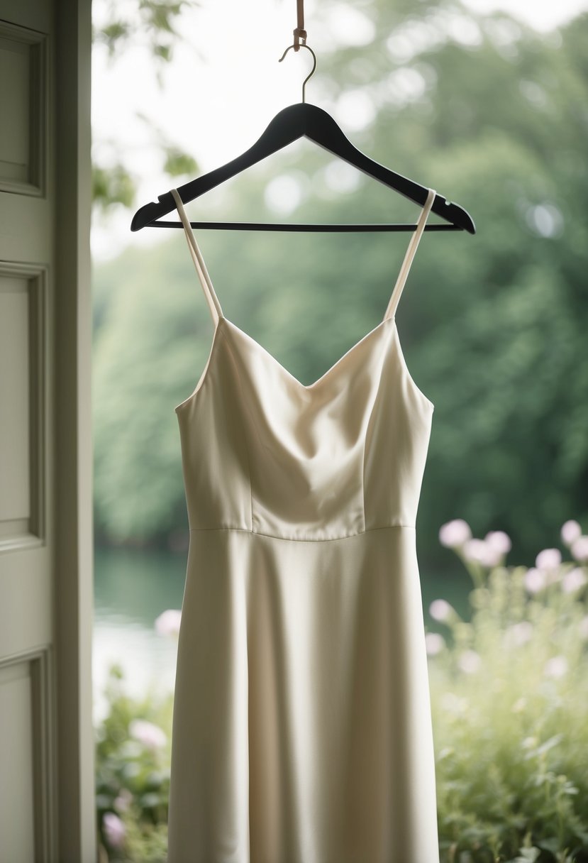 A simple, elegant silk dress on a hanger, with soft lighting and a serene backdrop