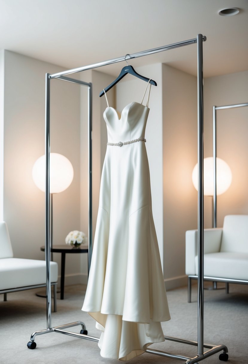 A sleek, minimalist 1960s-style wedding dress hangs on a chrome clothing rack, surrounded by clean, modern decor and soft lighting