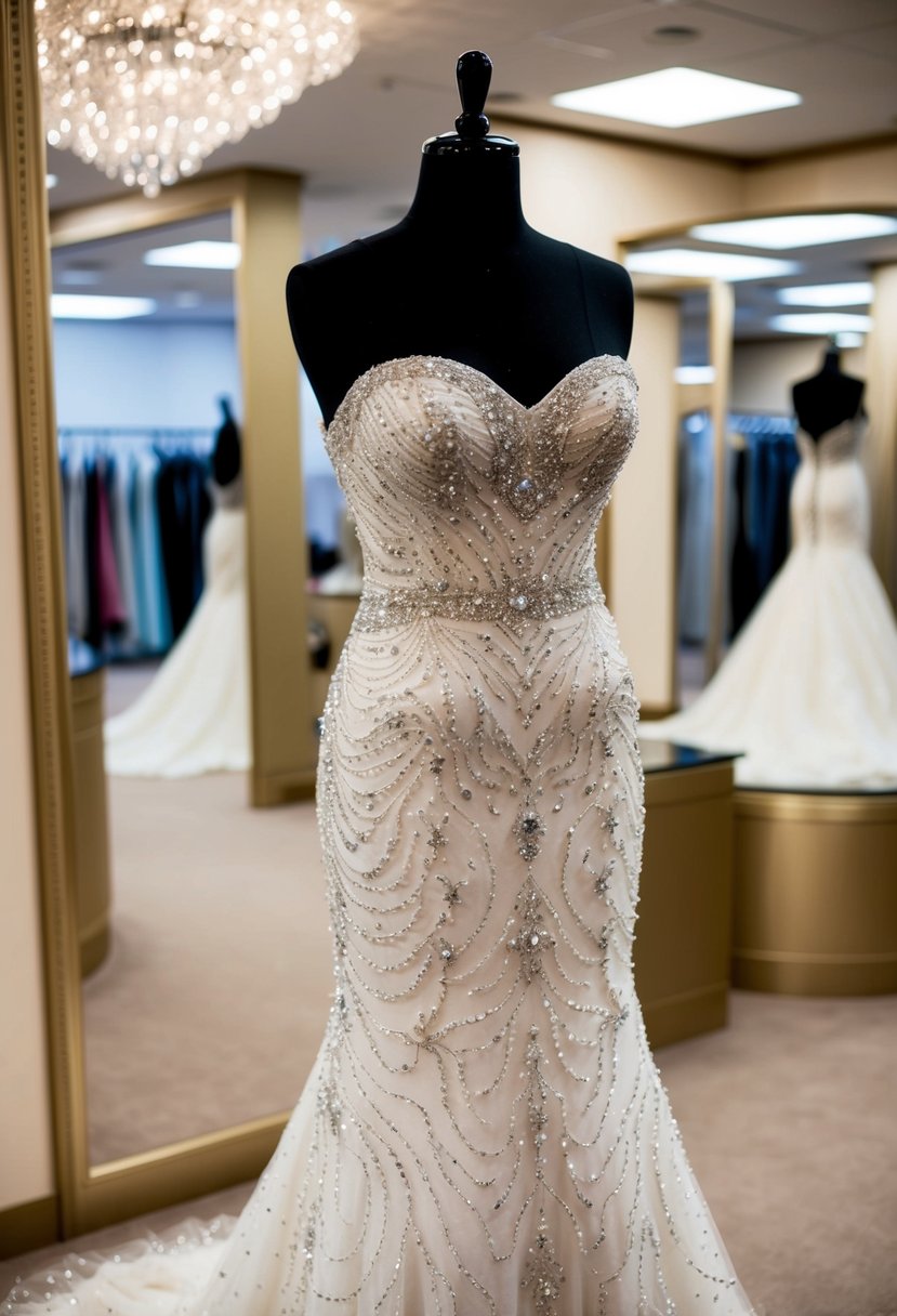 A sparkling, beaded trumpet gown on a mannequin in a luxurious bridal boutique