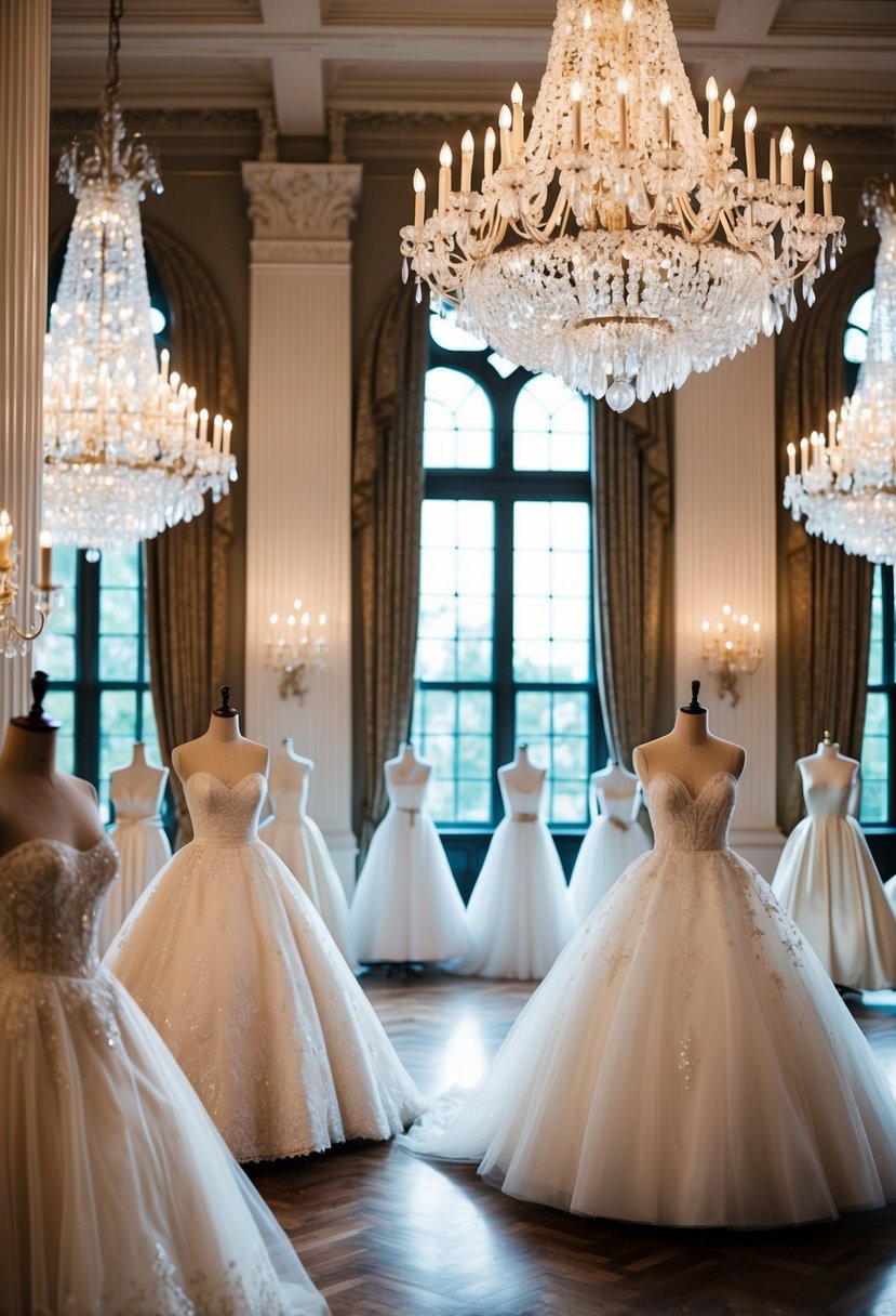 A grand ballroom with chandeliers and large windows, filled with 1960s style romantic ballgown wedding dresses on mannequins