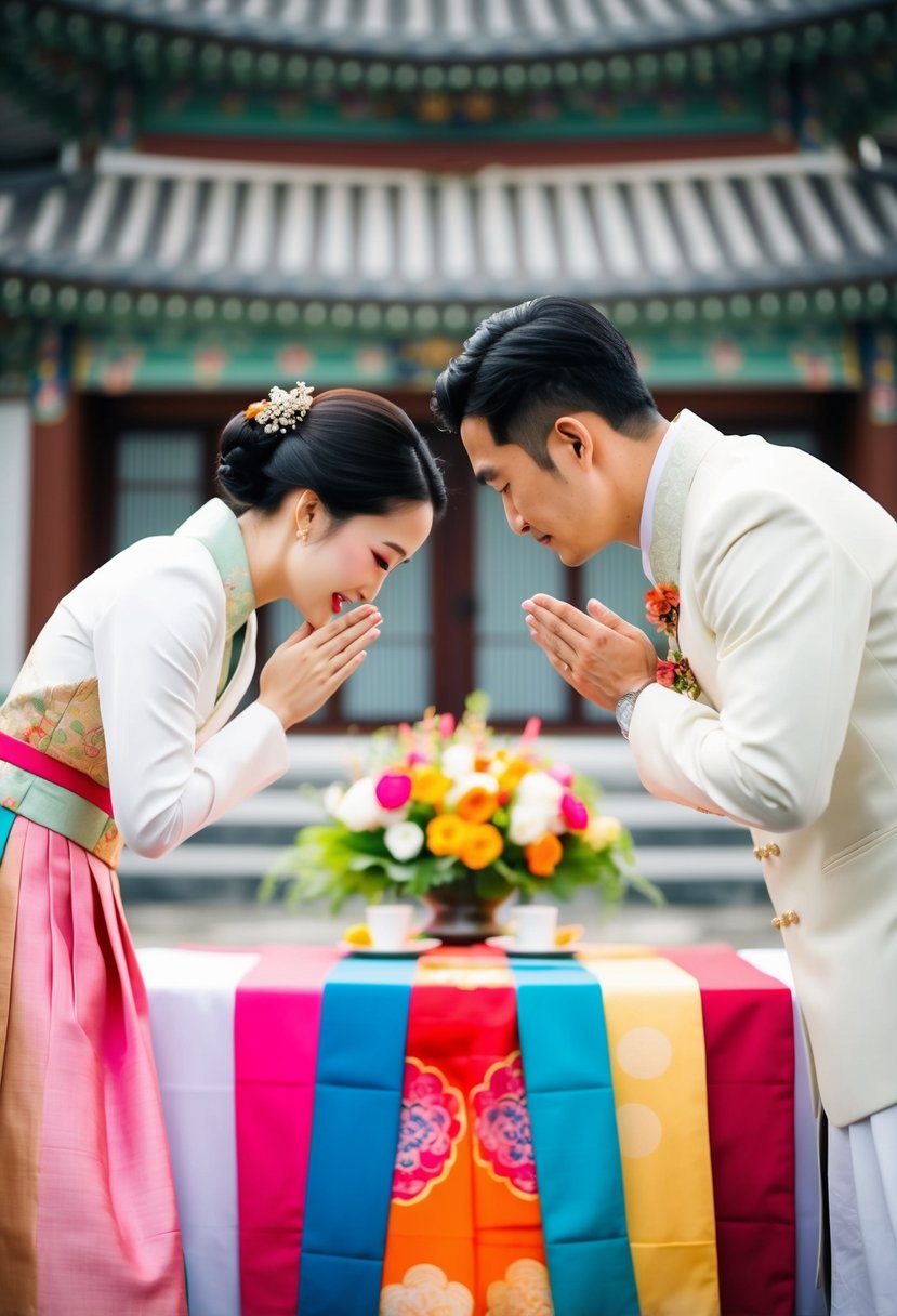 A bride and groom bowing to each other in front of a traditional Korean wedding table with colorful fabric and flowers