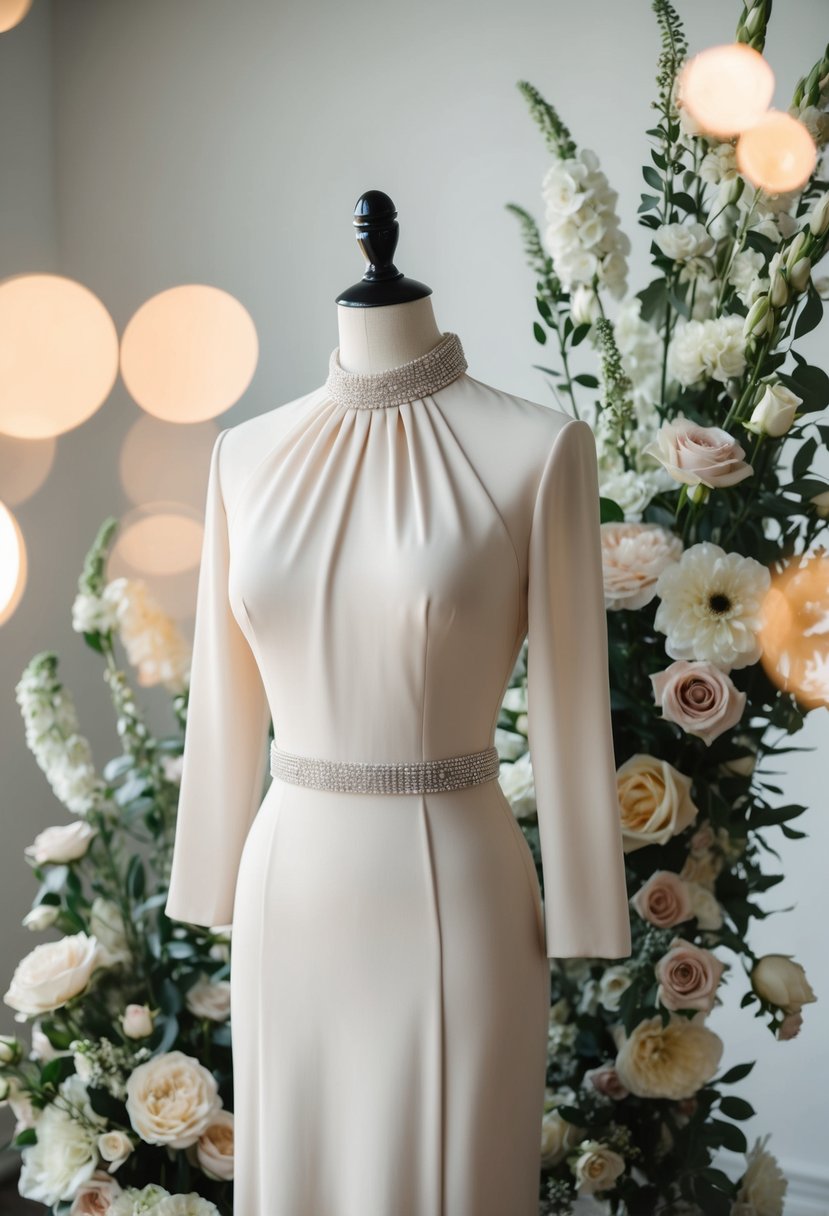 A mannequin wearing a sophisticated high-neck dress, surrounded by elegant floral arrangements and soft lighting