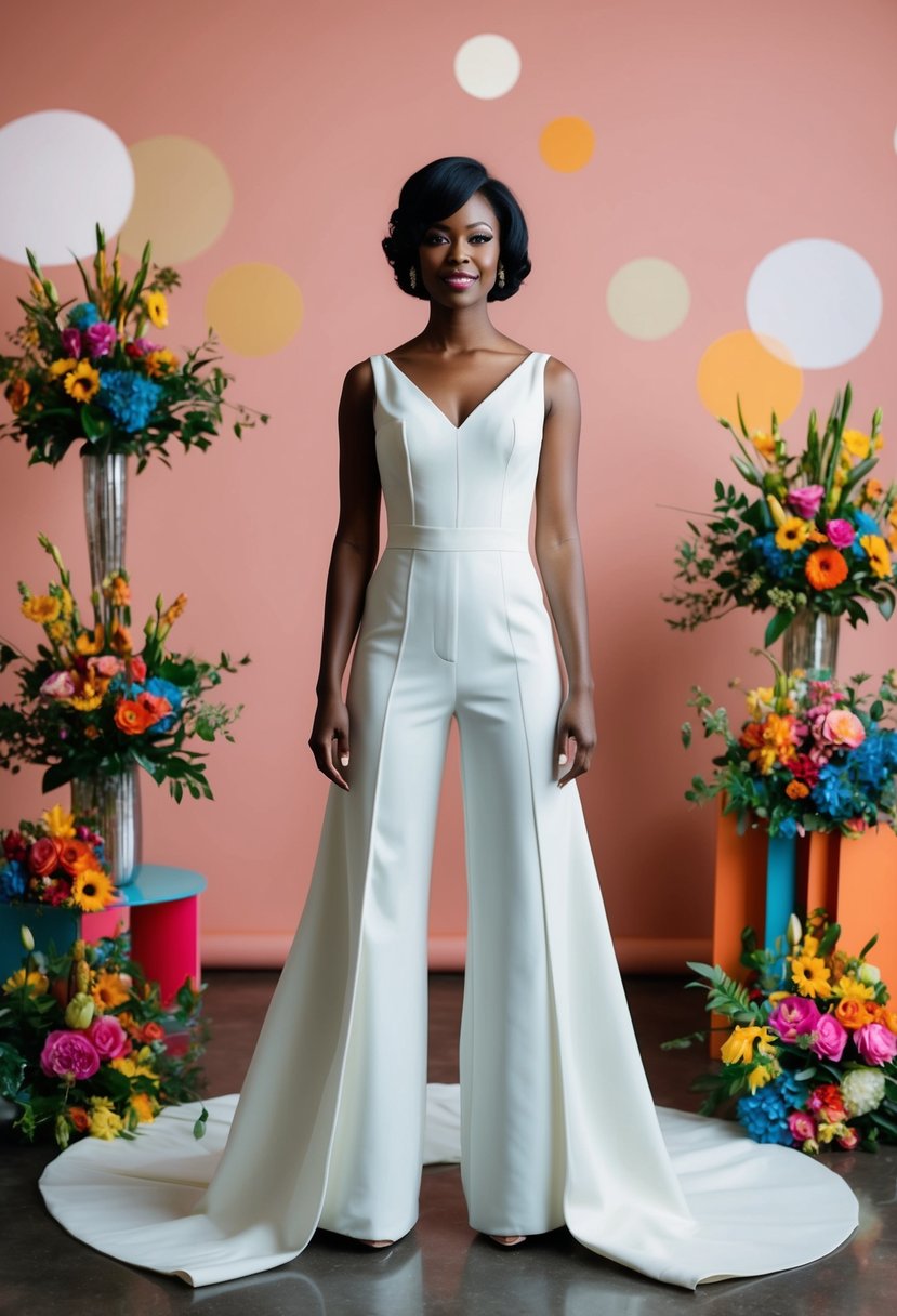 A bride in a nontraditional jumpsuit with 1960s flair, surrounded by retro decor and colorful flower arrangements