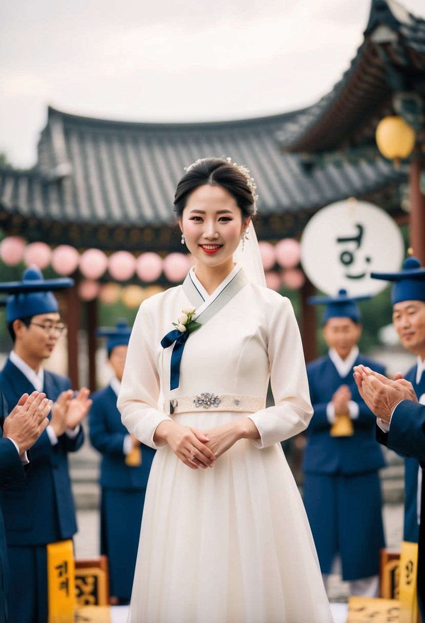 A bride in a modest, cute Korean wedding dress with simple details, surrounded by traditional Korean wedding symbols