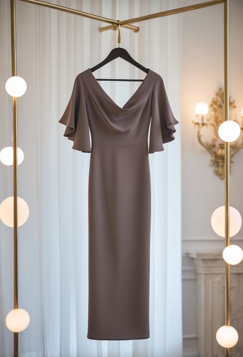 A modern crepe dress with flutter sleeves hangs on a sleek mannequin, surrounded by soft lighting and elegant decor