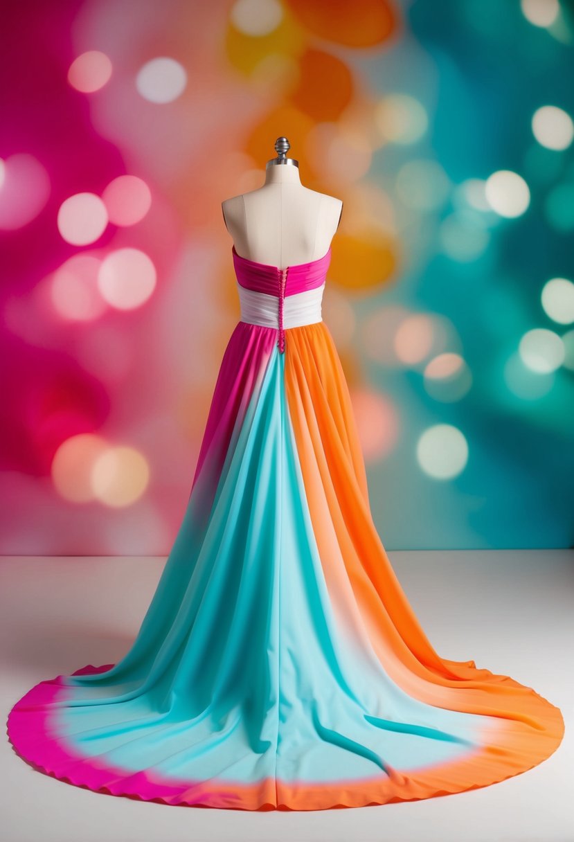 A flowing, strapless wedding dress with a gradient of vibrant 1960s colors, such as hot pink, orange, and turquoise, cascading down from the bodice to the floor