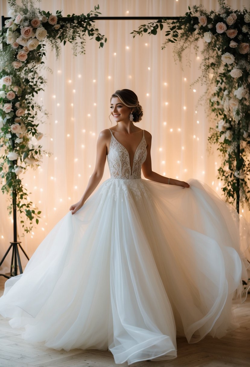 A bride twirls in a flowing, voluminous skirt, surrounded by delicate floral decorations and soft, romantic lighting