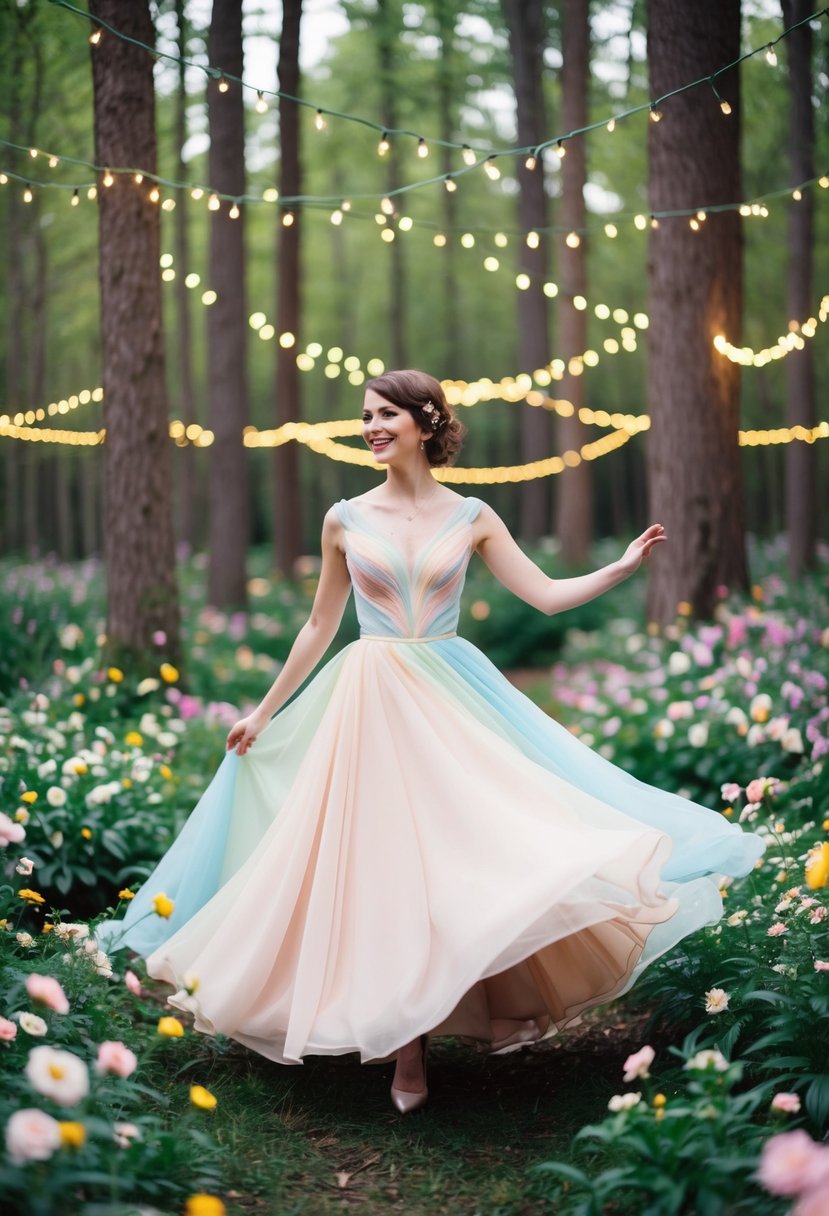 A bride in a flowing, pastel-colored 1960s-style wedding dress dances through a whimsical forest filled with twinkling lights and blooming flowers