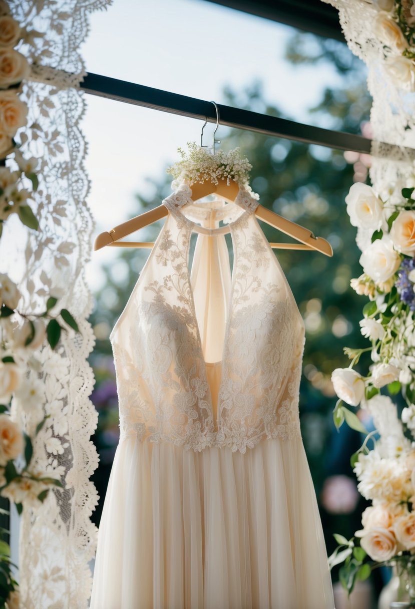 A chic halter neck wedding dress hanging on a mannequin, surrounded by delicate lace and floral details