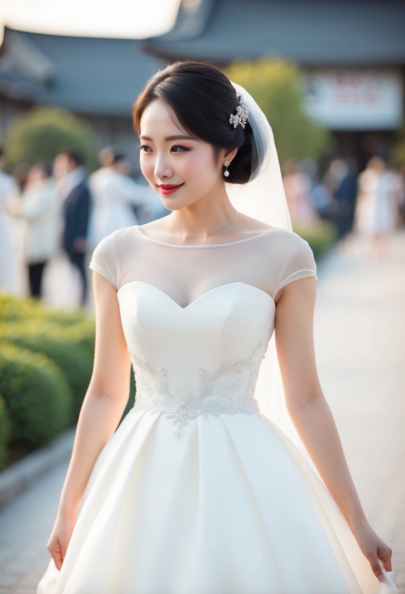 A bride in a short, sophisticated Korean wedding dress, with cute and simple details