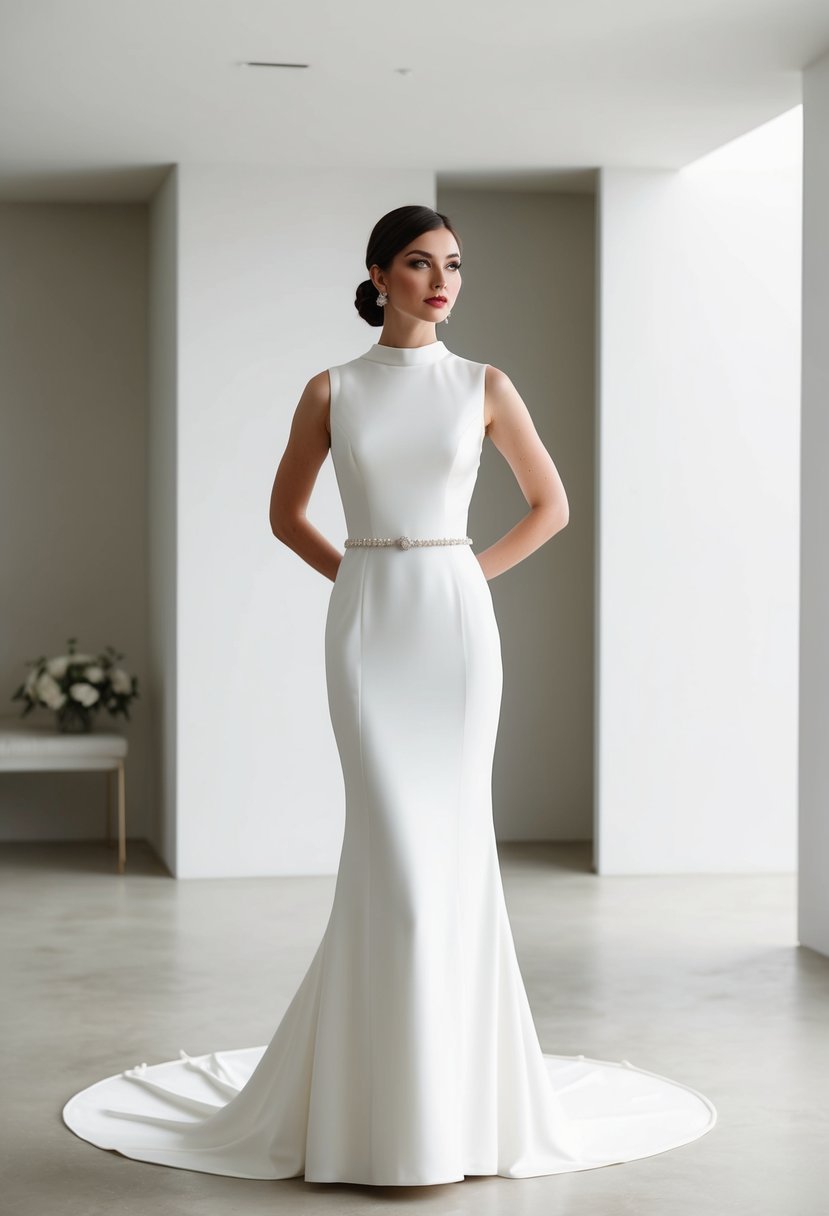 A bride in a 1960s-inspired sheath silhouette wedding dress, with a high neckline, sleek fabric, and minimal embellishments, standing in a minimalist, mid-century modern setting