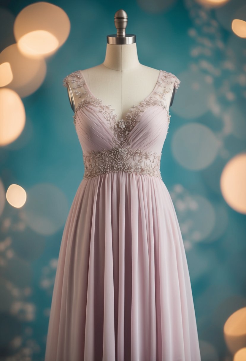 A flowing chiffon empire waist dress in a soft pastel color, adorned with delicate lace and intricate beadwork