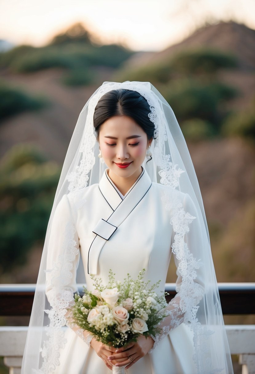 A lace veil drapes over a simple Korean wedding dress, adorned with charming details