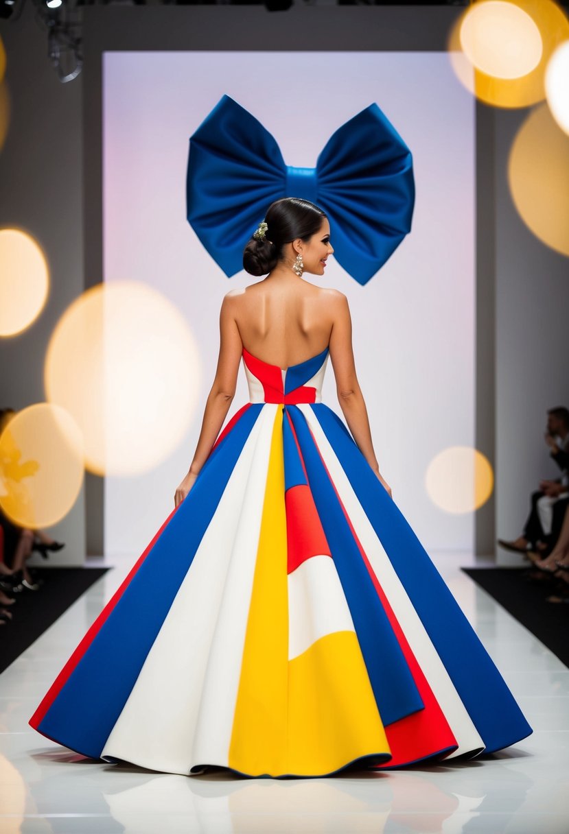 A bride in a bold, avant-garde 1960s-style wedding dress, featuring geometric shapes and vibrant colors, with a dramatic, oversized bow at the back