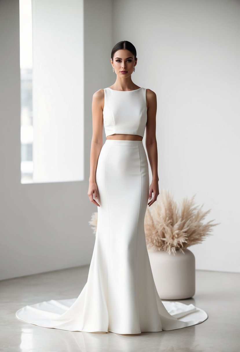 A sleek, modern bride stands in a minimalist, elegant setting, wearing a chic two-piece wedding ensemble with clean lines and sophisticated details