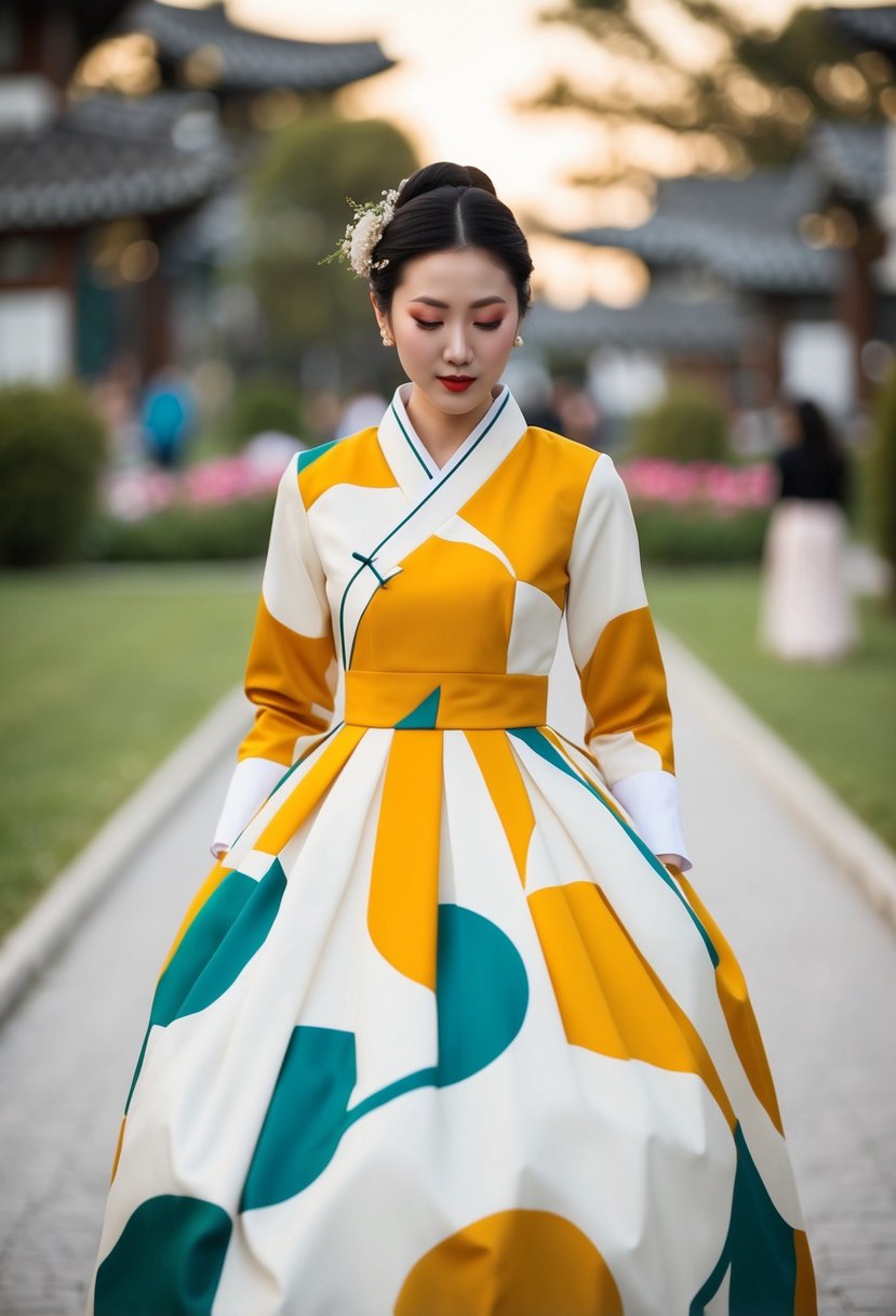 A bold patterned Korean wedding dress with simple, cute design