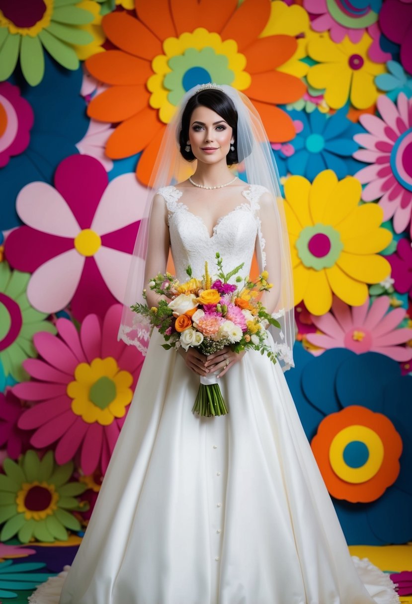 A bride in a 1960s-style wedding dress surrounded by whimsical, oversized flowers and psychedelic patterns