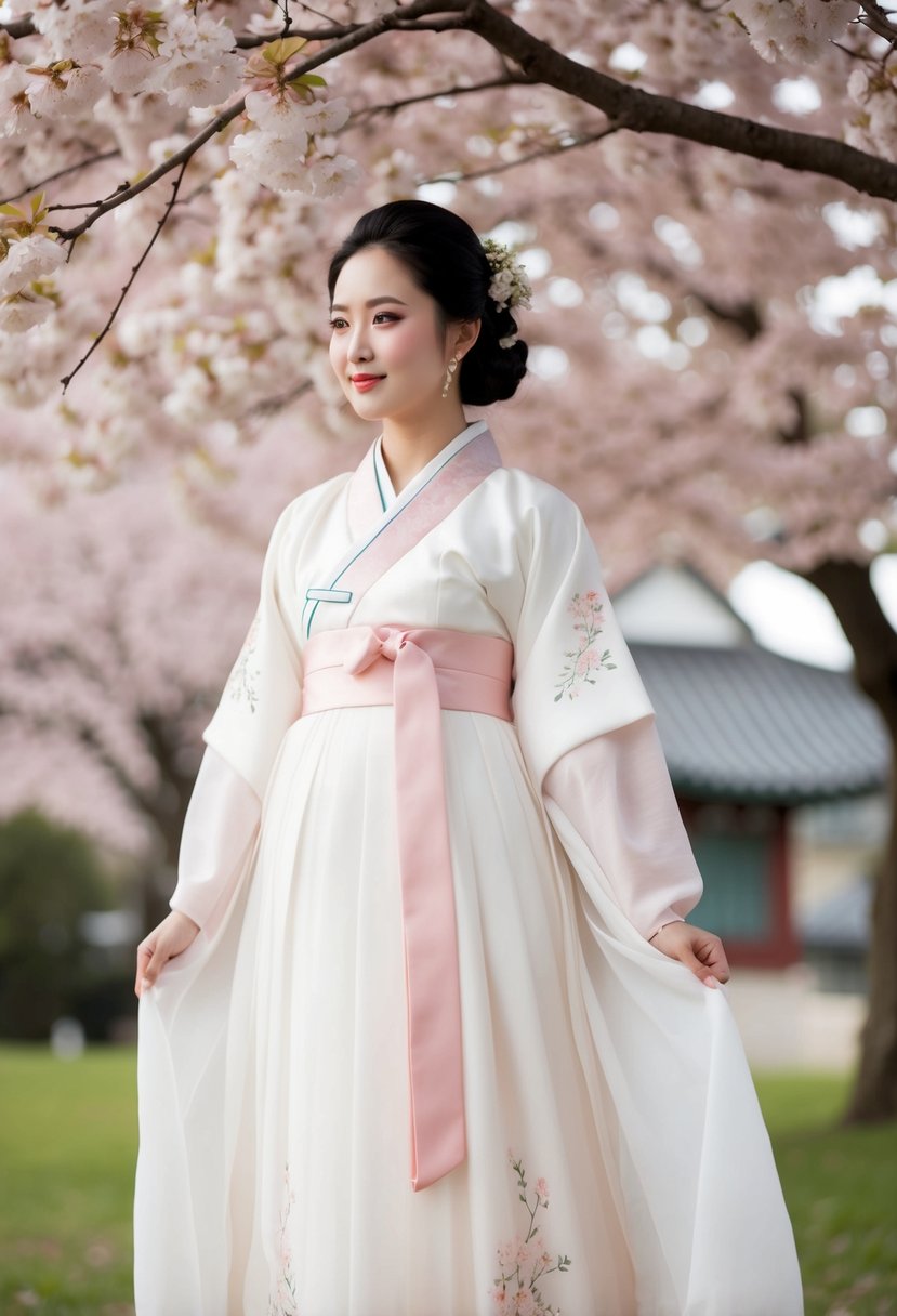 A serene bride in a flowy, white hanbok stands beneath a cherry blossom tree. Delicate embroidery and a soft, pastel color palette exude simple elegance