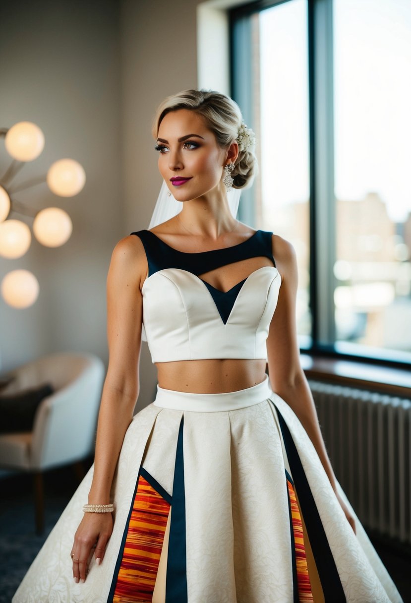 A bride wearing a 1960s-style two-piece wedding dress with an edgy design, featuring a cropped top and a high-waisted, A-line skirt, adorned with bold patterns or textures