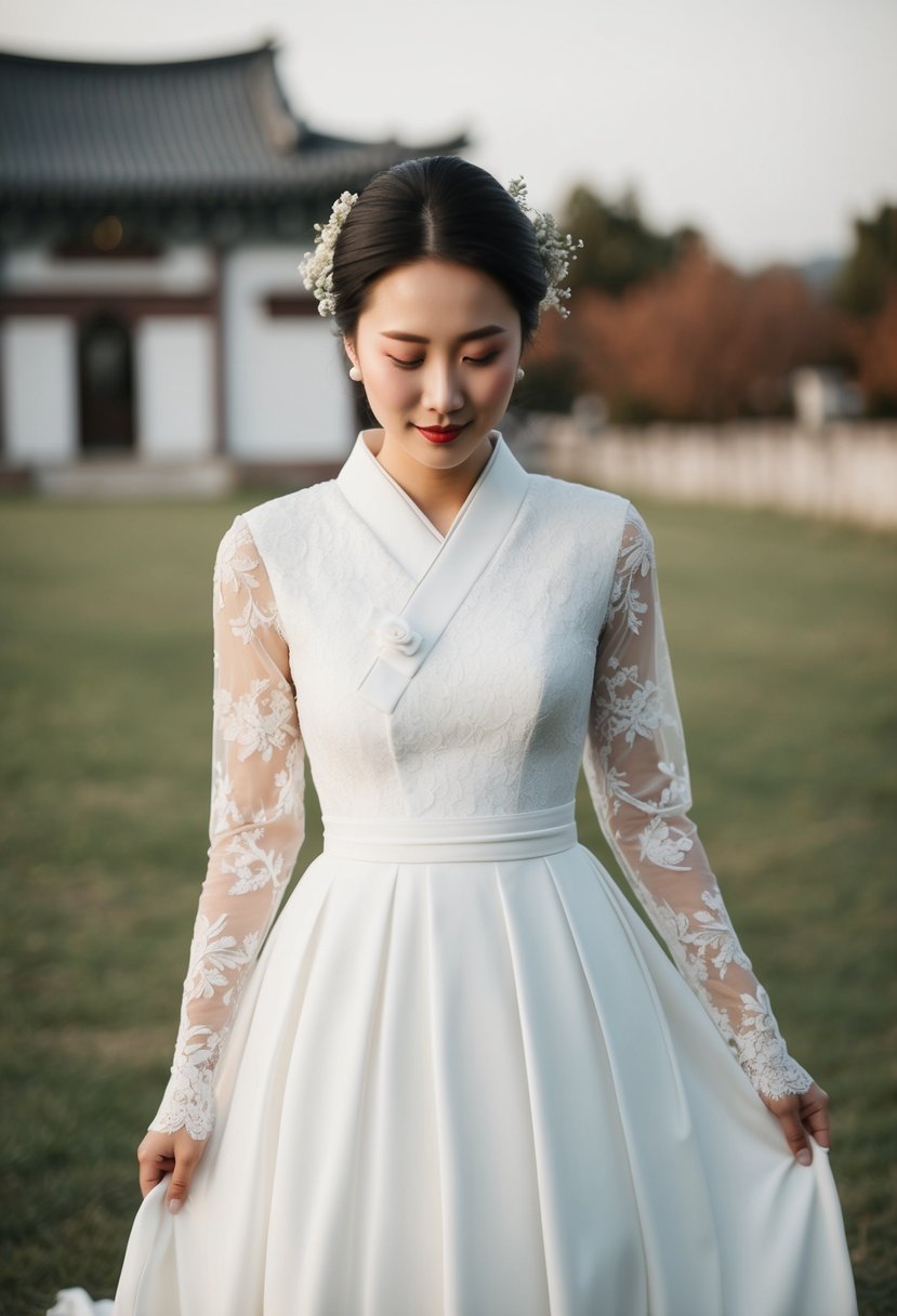 A simple Korean wedding dress with delicate floral lace details