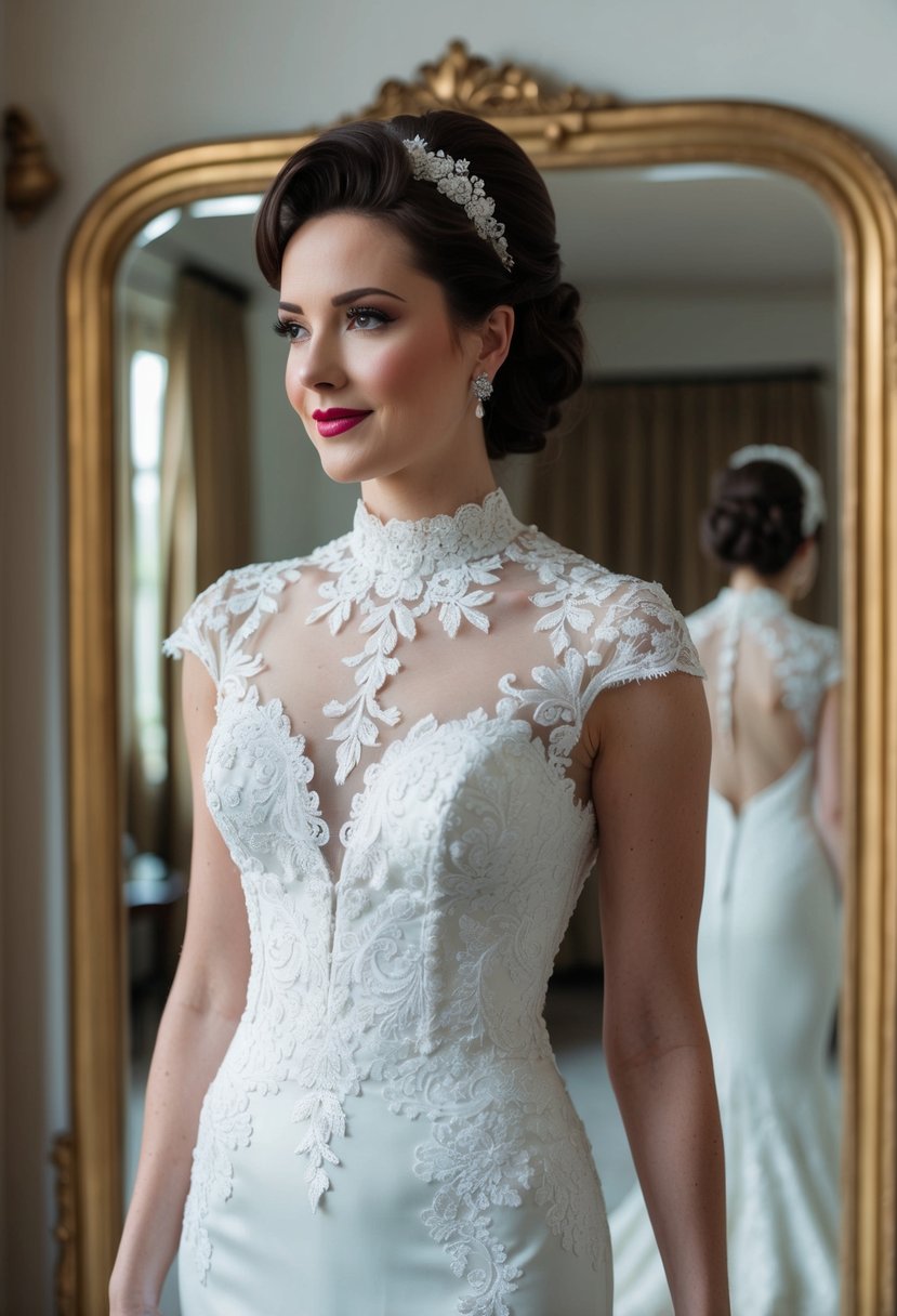 A bride in a 1960s style wedding dress with a high neck, intricate lace detailing, and a fitted silhouette, standing in front of a vintage mirror