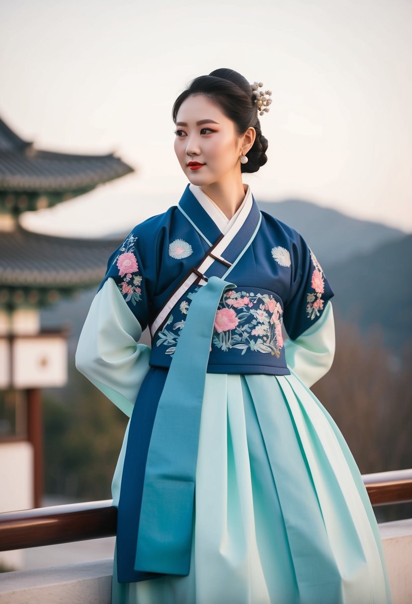 A modern Korean hanbok with traditional embroidery, paired with sleek, minimalist accessories