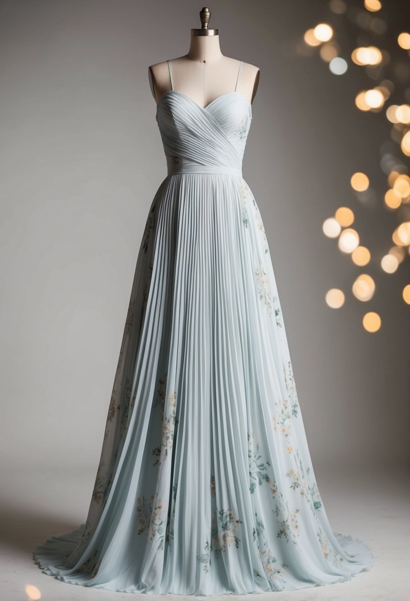 A flowing, floor-length skirt with delicate pleats and a subtle floral pattern, paired with a fitted bodice and a sweetheart neckline