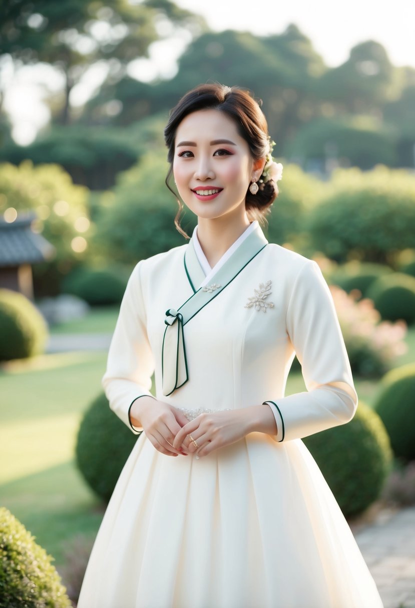 A bride in a classic Korean wedding dress, with simple and cute details, standing in a serene garden setting