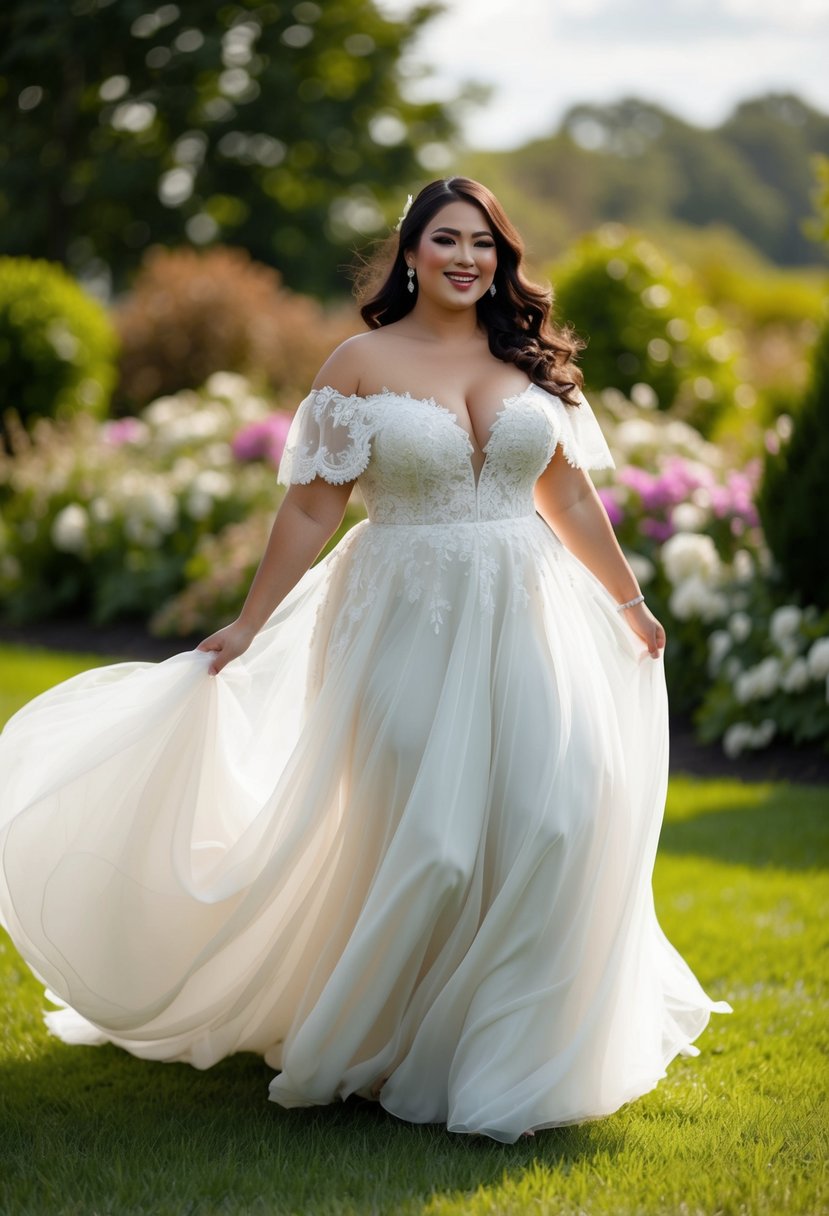 A curvy bride twirls in a flowing, off-the-shoulder gown with delicate lace details, surrounded by lush greenery and blooming flowers