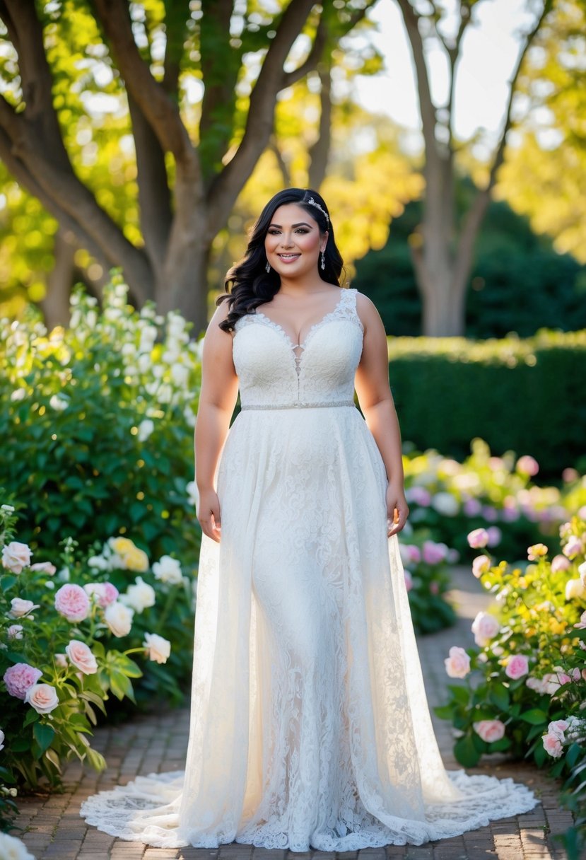 A curvy bride stands in a flowing A-line lace gown, surrounded by lush greenery and blooming flowers. The sunlight filters through the trees, casting a warm glow over the scene