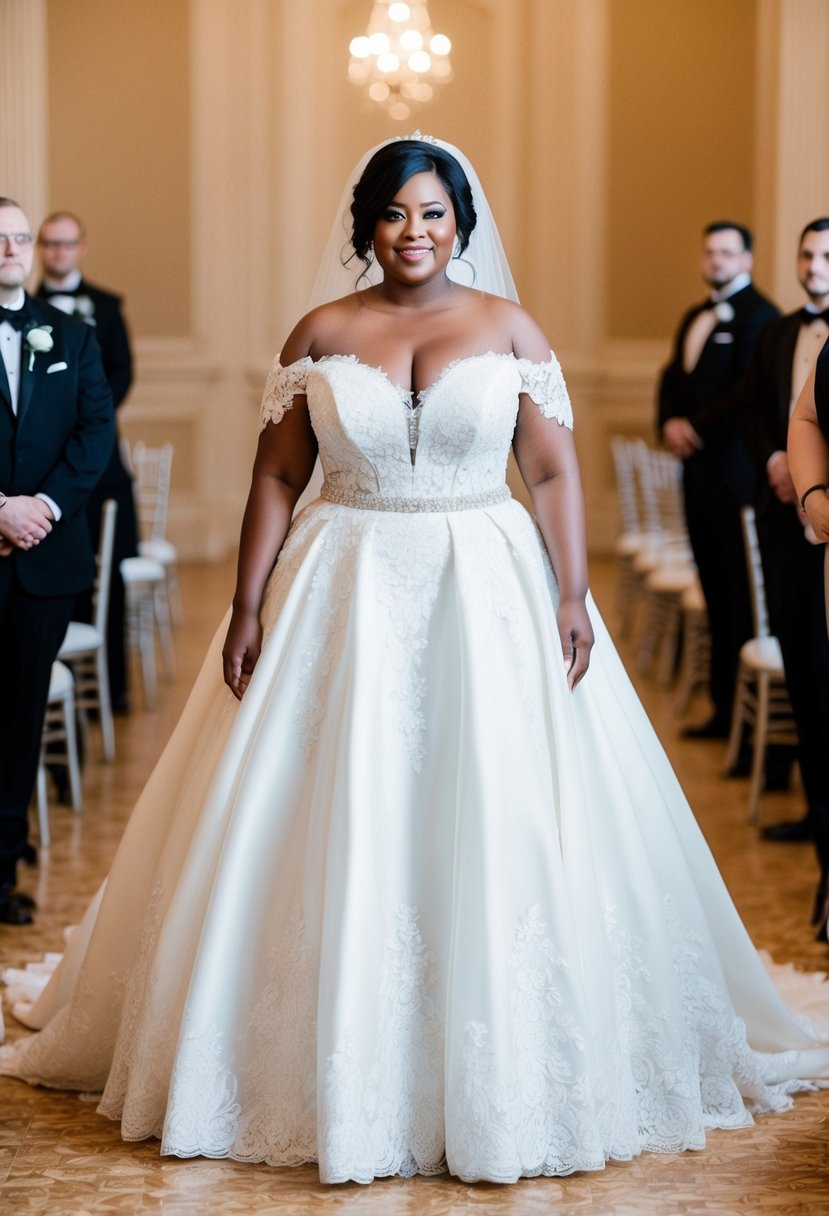 A curvy bride stands in a grand ballroom, wearing an off-shoulder ballgown with a flowing skirt and intricate lace detailing. She looks radiant and confident as she prepares to walk down the aisle