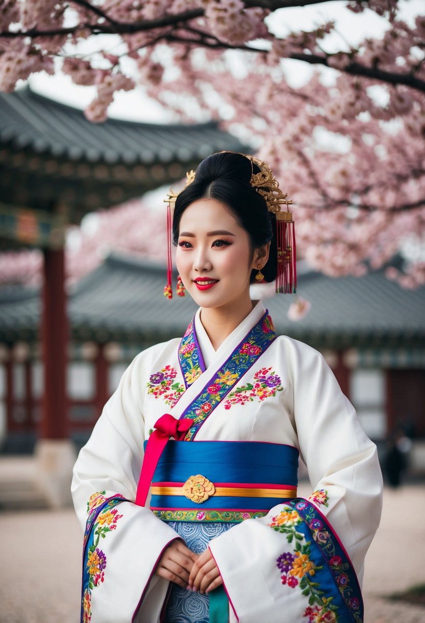 A traditional Korean wedding dress with intricate embroidery and vibrant colors, set against a backdrop of cherry blossoms and traditional architecture