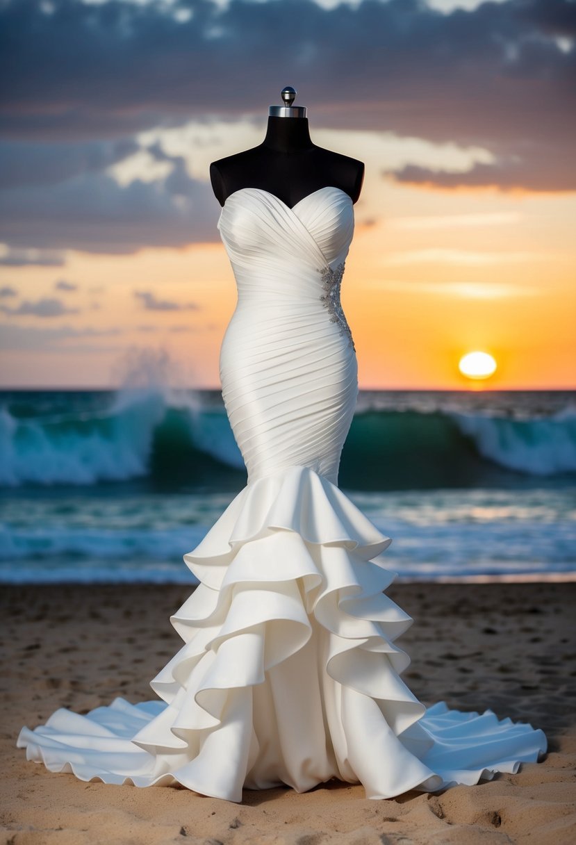 A curvy mermaid wedding dress with cascading ruffles, set against a beach backdrop with crashing waves and a romantic sunset